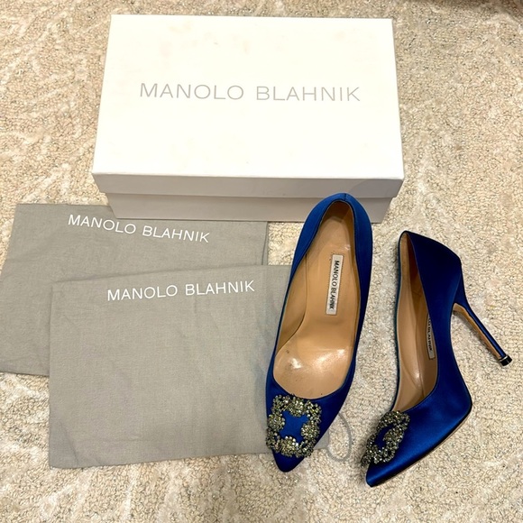 MANOLO BLAHNIK cobalt blue Hangisi 105MM Embellished Satin Pumps 39 - Picture 2 of 16